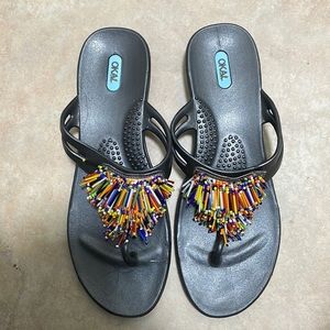 BLACK Okal Beaded Slip Ons Sandals Sz L